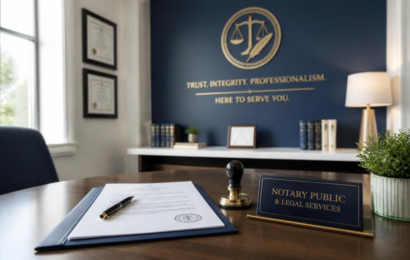 Professional notary public desk with documents, seal, and legal certifications